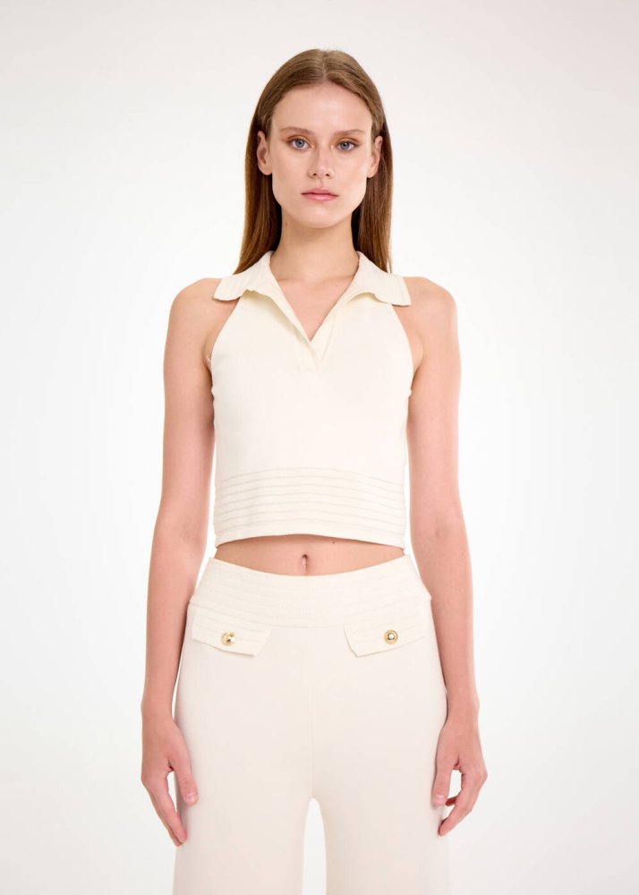 KNITSS - POLO NECK ECRU CROP KNIT TOP