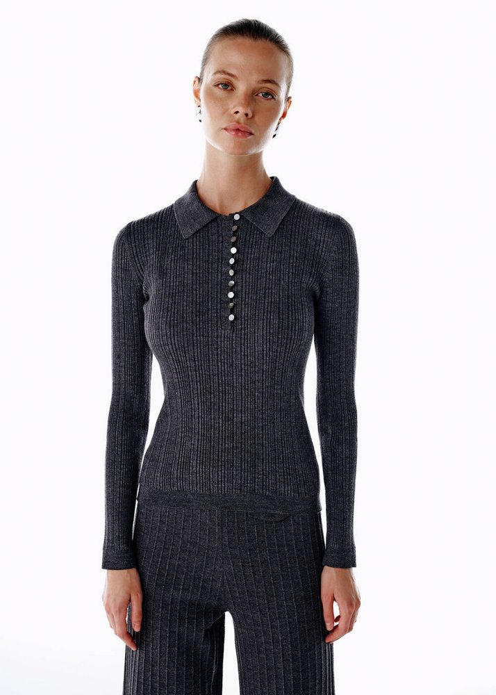 KNITSS - POLO NECK MERINO WOOL RICH BLEND KNIT TOP DARK GREY