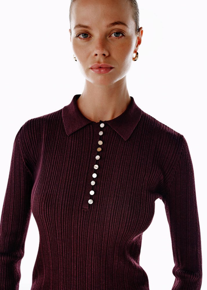 KNITSS - POLO NECK MERINO WOOL RICH BLEND KNIT TOP PLUM