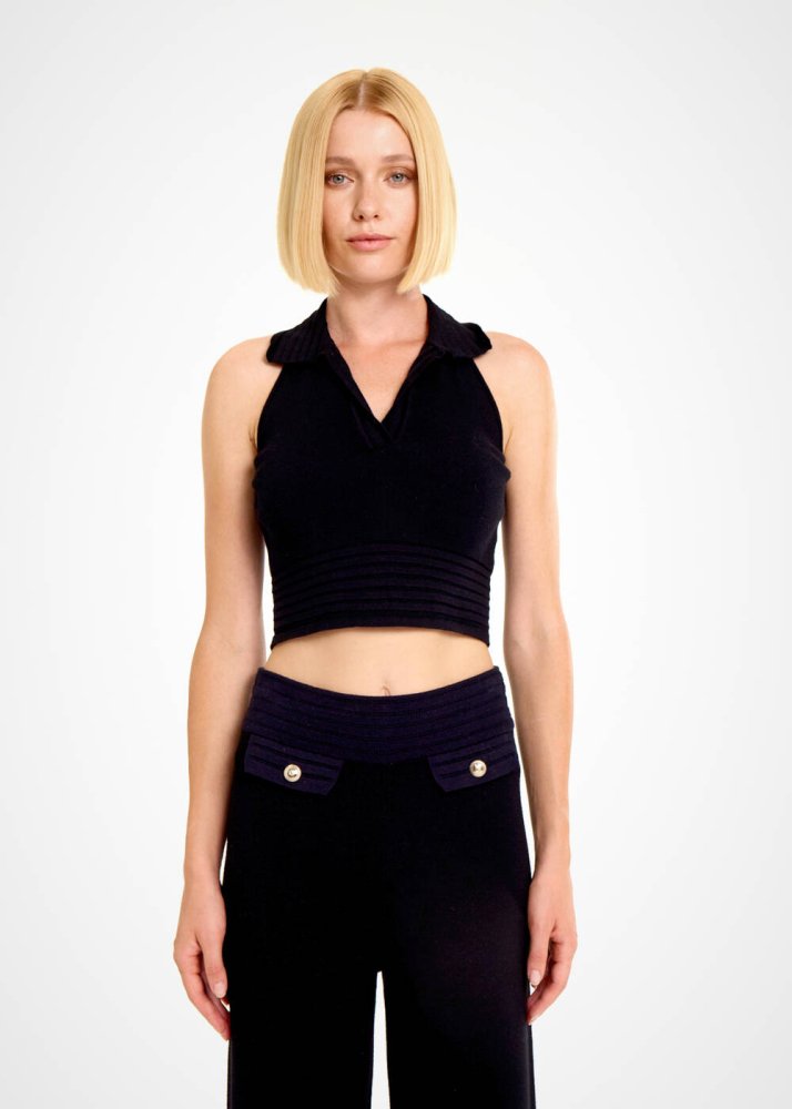 KNITSS - Polo Yaka Siyah Crop Triko Üst