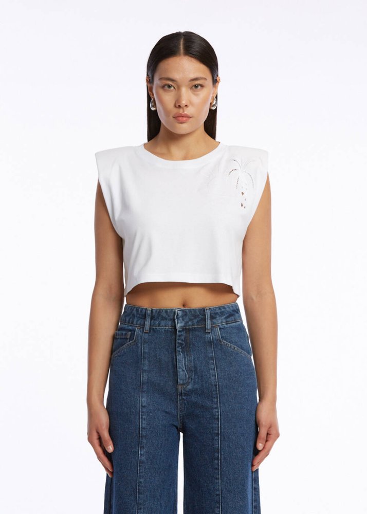 KNITSS - PURE COTTON PALM EMBROIDERIED WHITE T-SHIRT