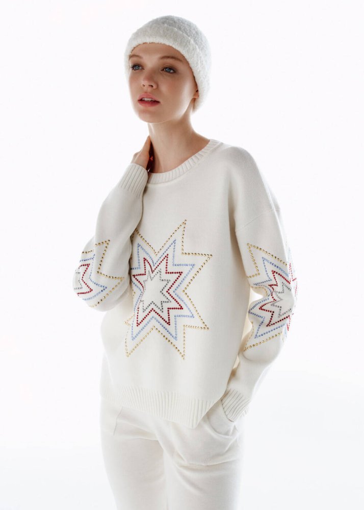 KNITSS - Renkli Yıldız Desenli Merino Yün Triko Ekru