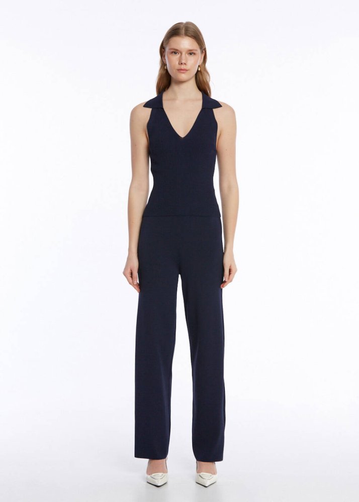 KNITSS - RIBBED DETAILED NAVY KNIT PANTS