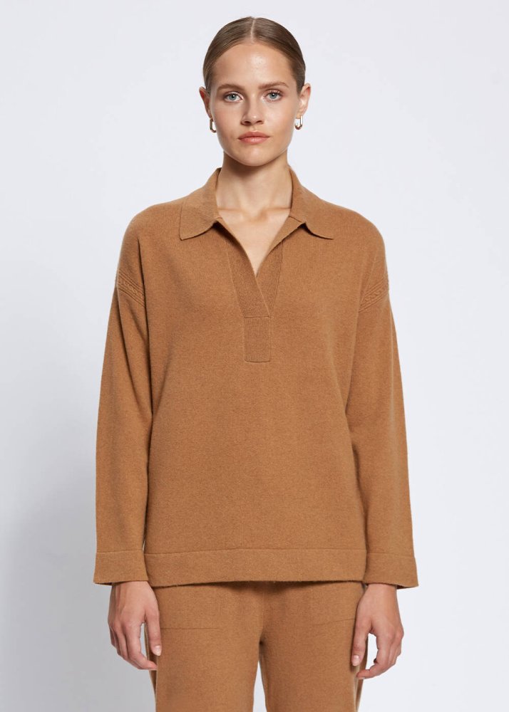KNITSS - Saç Örgü Detaylı Polo Yaka Camel Kaşmir Triko