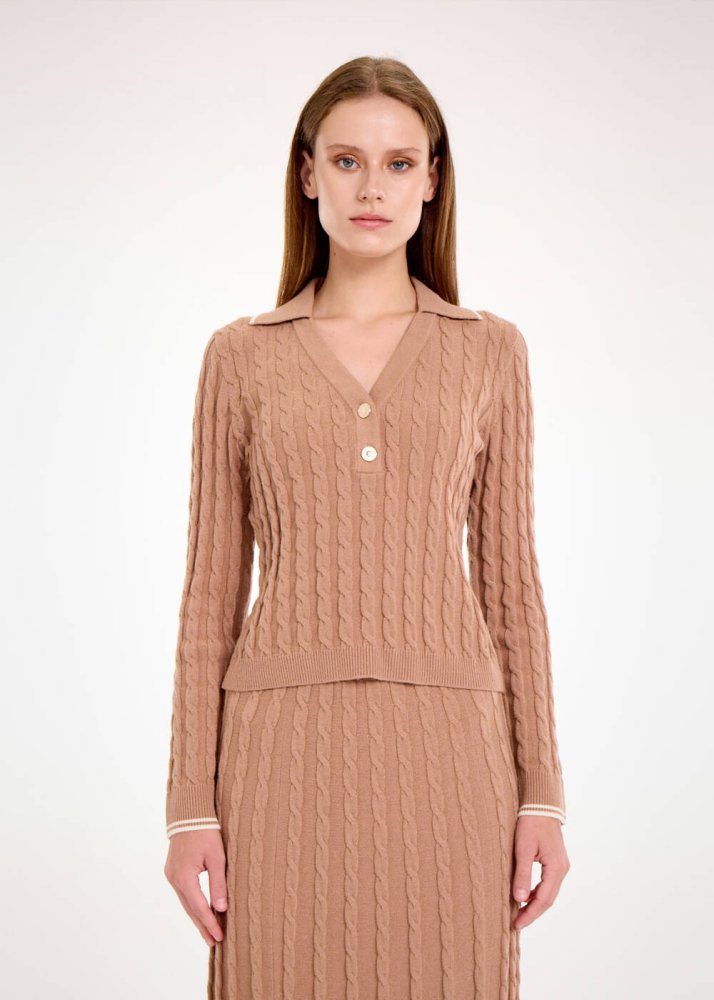 KNITSS - Saç Örgü Kontrast Çizgili Camel Triko