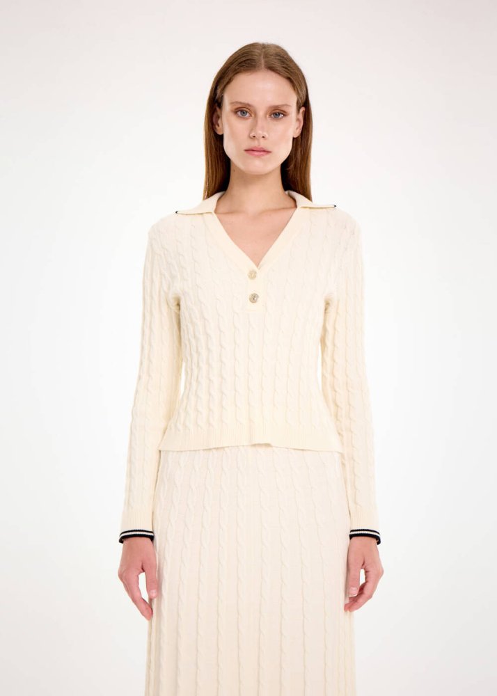 KNITSS - Saç Örgü Kontrast Çizgili Krem Triko