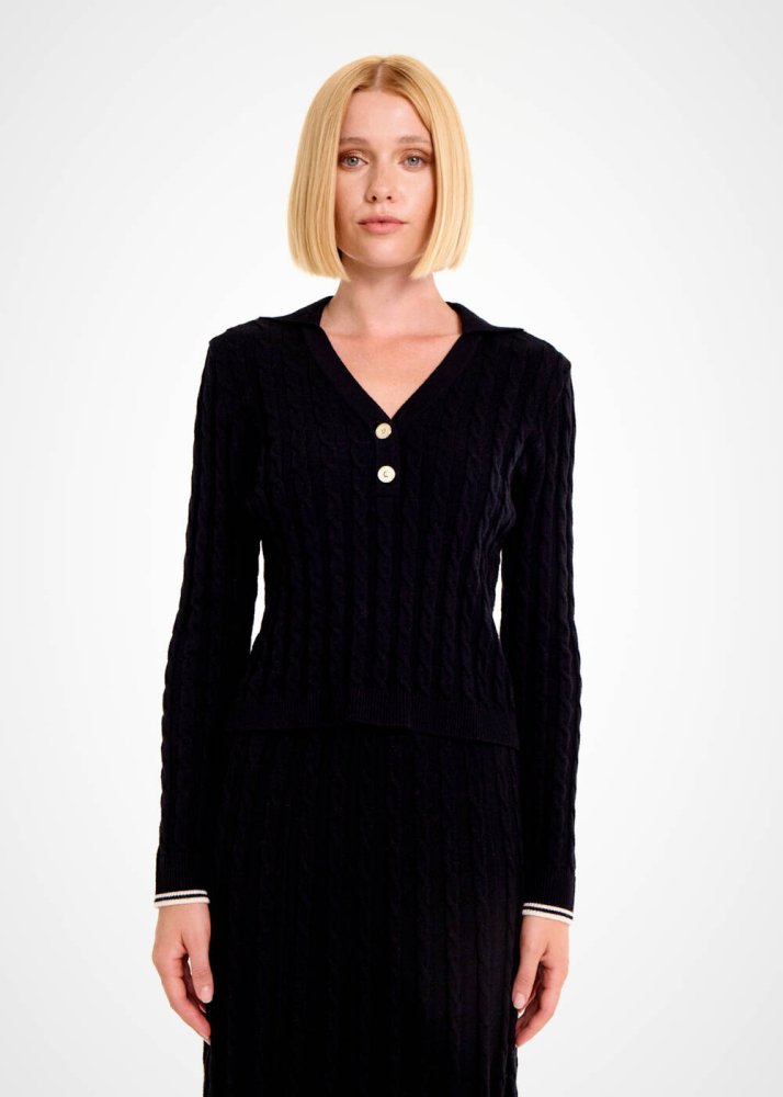 KNITSS - Saç Örgü Kontrast Çizgili Siyah Triko