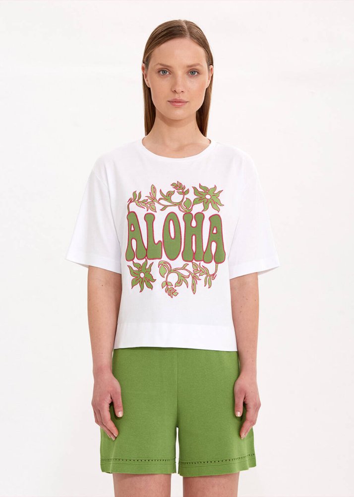 KNITSS - Saf Pamuk Yeşil Nakışlı Aloha T-Shirt