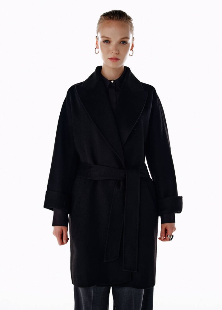 KNITSS - SELF BELTED WOOL COAT BLACK