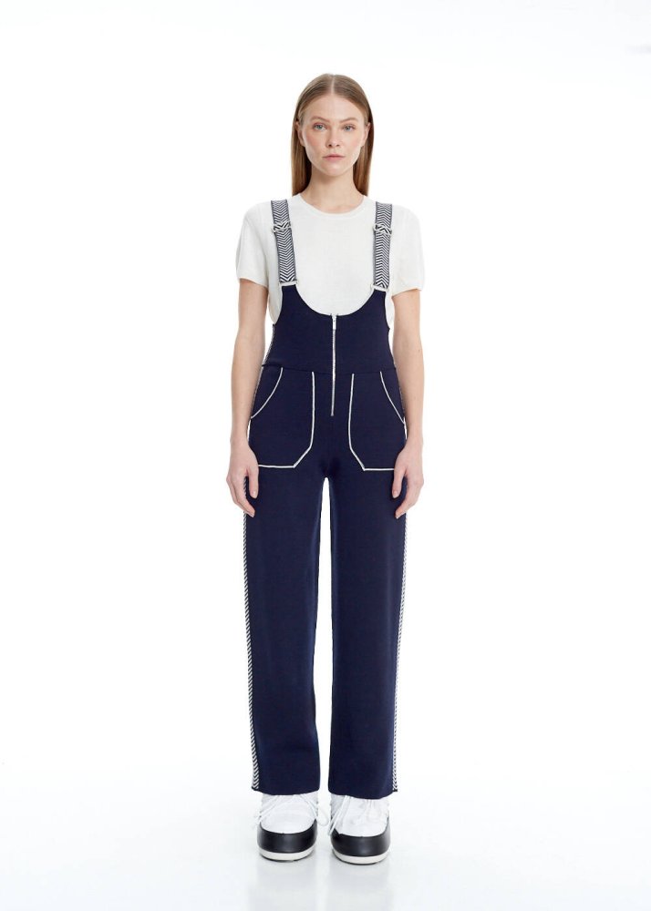 KNITSS - Side Stripe Detailed Navy Extrafine Merino Knit Jumpsuit