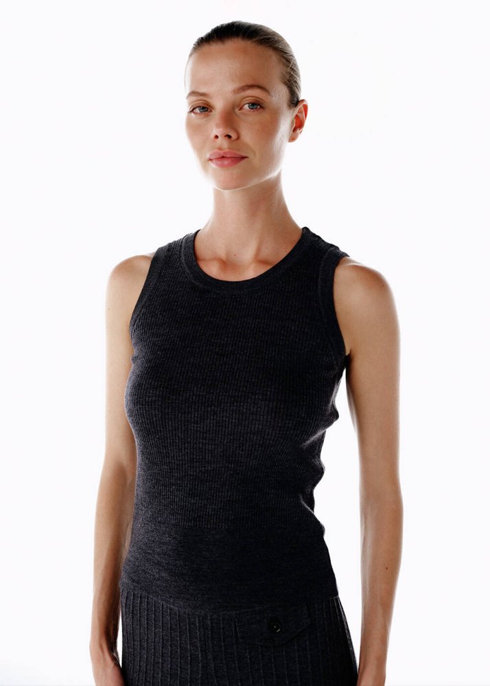 KNITSS - SLEEVELESS MERINO WOOL RICH BLEND KNIT TOP DARK GREY