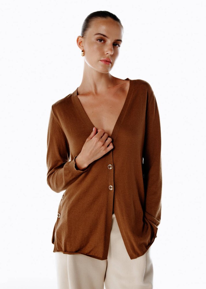 KNITSS - ULTRAFINE PECAN ORGANIC CASHMERE KNIT CARDIGAN