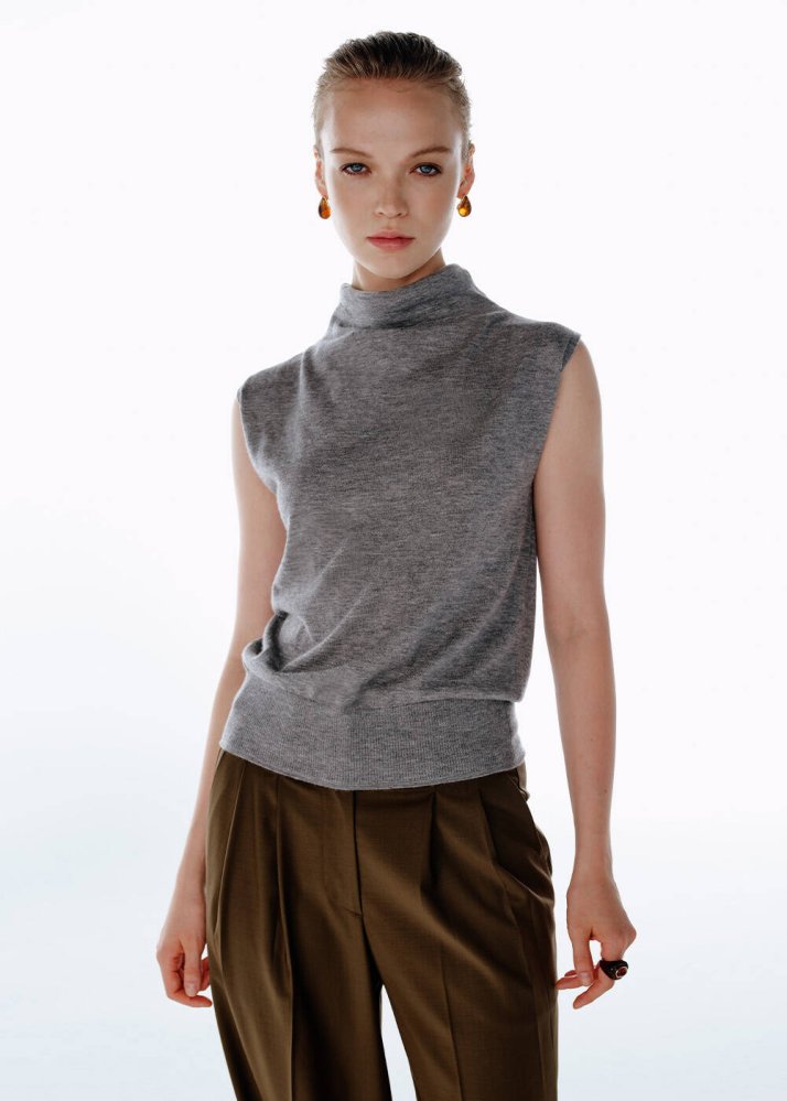 KNITSS - ULTRAFINE WOOL CASHMERE BLEND KNIT TOP MID GREY