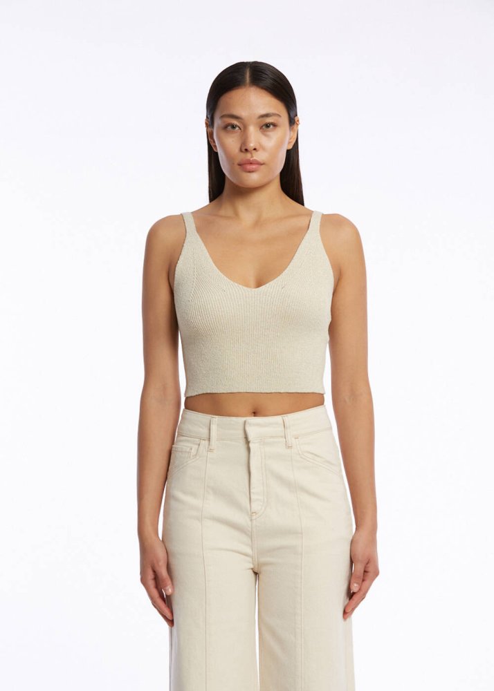 KNITSS - V Yaka Bej Crop Triko Üst