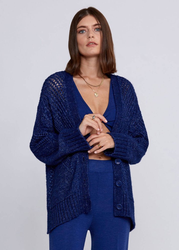KNITSS - Wool Blend Stitch Detailed Navy Knit Cardigan
