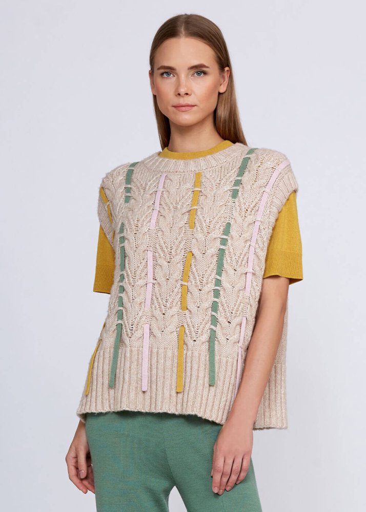 KNITSS - Wool Blend String Detailed Cream Knit Vest