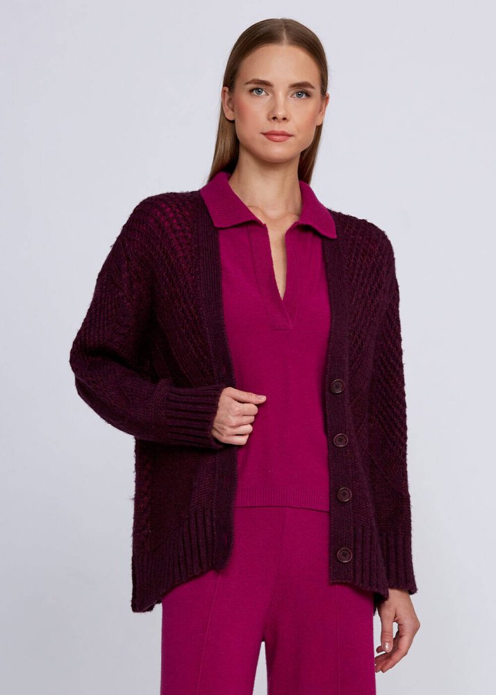 KNITSS - Yün Karışımlı Örgü Detaylı Bordo Triko Hırka