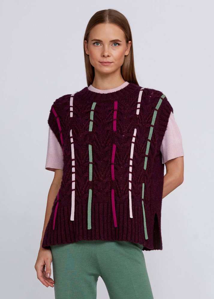 KNITSS - Yün Karışımlı Şerit Detaylı Bordo Triko Yelek